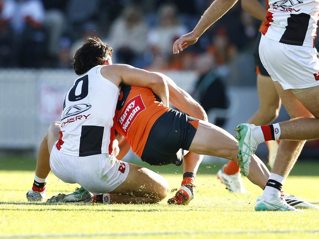 Stephen Coniglio was also hurt in this tackle. Picture: Phil Hillyard