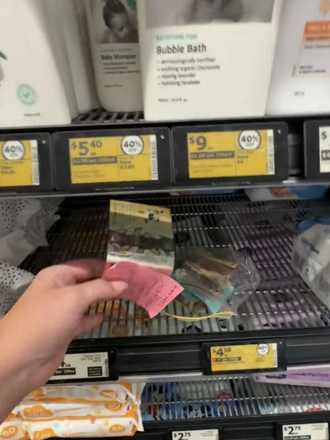 Videos filmed in Woolworths and Coles show kind-hearted individuals leaving money stashed in baby products. Picture: TikTok