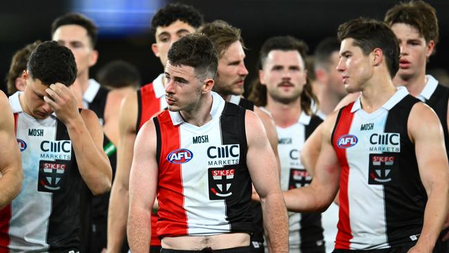 MELBOURNE, AUSTRALIA - JUNE 23: Jack Higgins and his Saints teammates look dejected after losing the round 14 AFL match between St Kilda Saints and Brisbane Lions at Marvel Stadium, on June 23, 2023, in Melbourne, Australia. (Photo by Quinn Rooney/Getty Images)