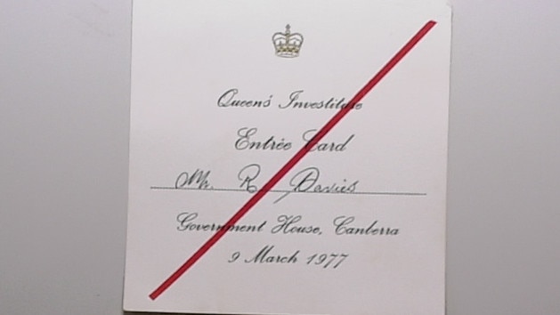 Royse Rowe Davies was given a bravery award after he helped rescue crew from the Lake Illawarra after it crashed into the Tasman Bridge on January 5, 1975. The entry cards for the ceremony where Queen Elizabeth II presented the award at Government House in Canberra.