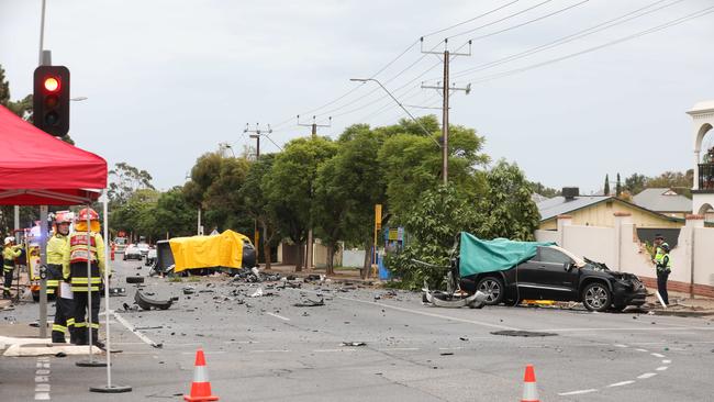 The corner of Fullarton and Cross Roads, where a Volkswagen Amorok has crashed into at least two other vehicles. Picture: AAP Image/Dean Martin