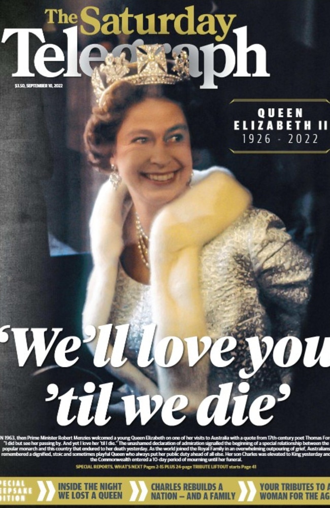 Australian newspaper front pages commemorate the passing of the Queen.