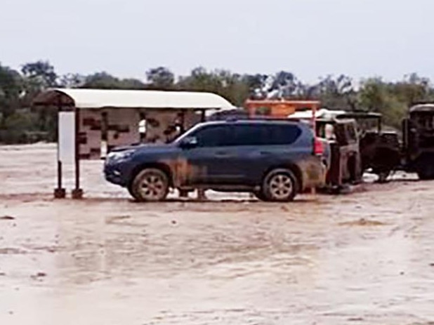 Four-wheel-drives waiting out the rain at Mungerannie Hotel. Picture: Facebook