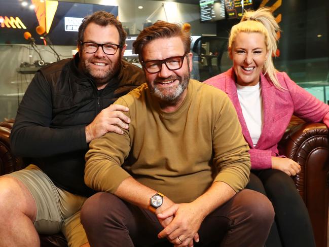 30/7/19: Triple M breakfast show hosts Gus Worland, Lawrence "Moonman" Mooney and Jess Eva in the studio in Sydney. John Feder/The Australia.