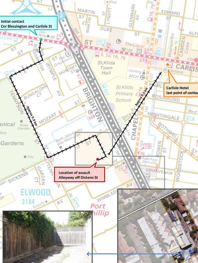 Exhibits from the rape trial of Adrian Bayley. Map of assault