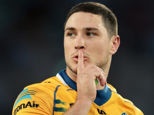 SYDNEY, AUSTRALIA - APRIL 10: Mitchell Moses of the Eels gestures to the crowd after kicking a conversion during the round six NRL match between Wests Tigers and Parramatta Eels at Accor Stadium on April 10, 2023 in Sydney, Australia. (Photo by Mark Metcalfe/Getty Images)