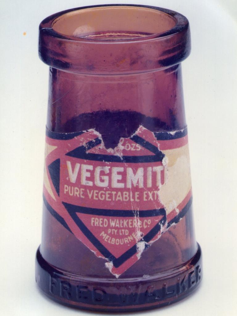 The first jar of Vegemite as it looked in 1923, when it was manufactured by Fred Walker Foods. Vegemite was initially a "complete dud" but it gained popularity after Fred Walker decided to give it away free with blocks of Kraft cheese in the 1920s. Picture: supplied