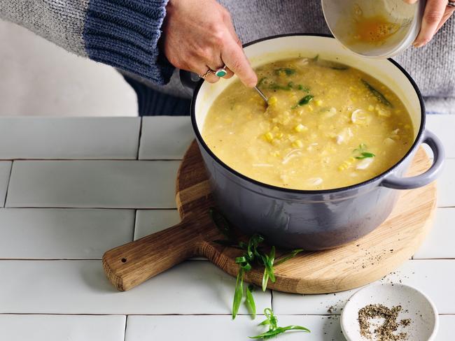 EMBARGO FOR TWAM 15 JUNE 2024. FEE MAY APPLY. My Mum's Chicken & Corn Soup - Wholesome by Sarah by Sarah Pound, published by Plum, RRP $44.99, photography by Mark Roper