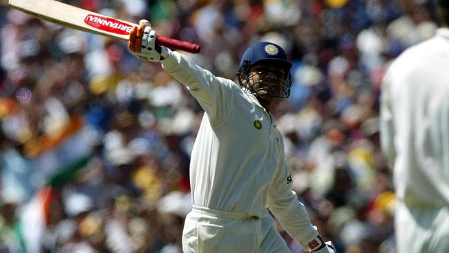 Virender Sehwag celebrates his century on Boxing Day, 2003, in the third Test at the MCG.