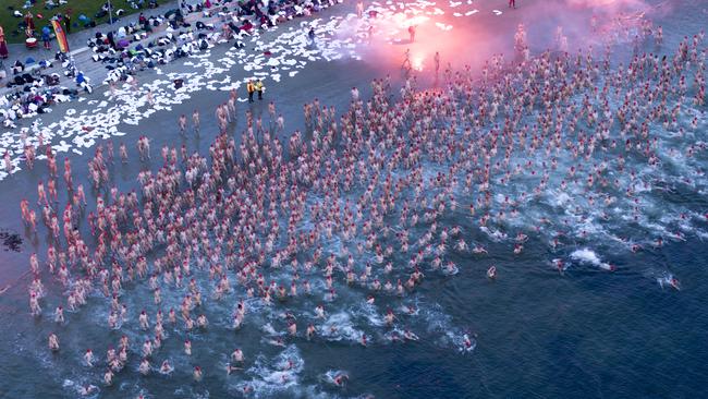 Participants of the Dark Mofo Nude Solstice Swim in the River Derwent at dawn last year (AAP Image/Rob Blakers)