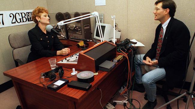 Pauline Hanson with adviser David Oldfield during a radio talkback session in 1997. (Pic: Supplied)