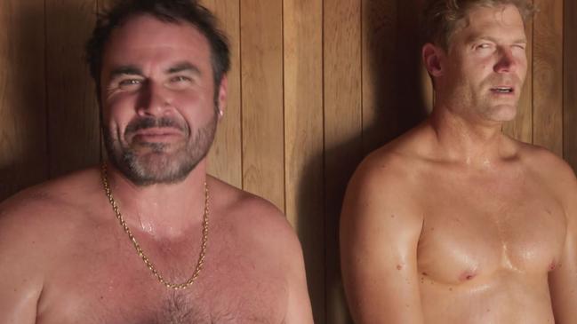 Dr. Chris Brown and Miguel Maestre stripped off for a sauna session together. Picture: Channel 10