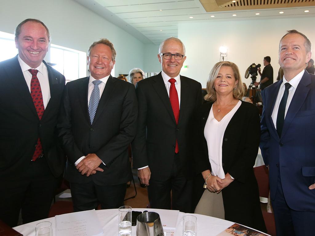 Barnaby Joyce, Andrew Forrest, former prime minister Malcolm Turnbull, Nicola Forrest and former opposition leader Bill Shorten at Parliament House in Canberra in 2017. Picture: Kym Smith