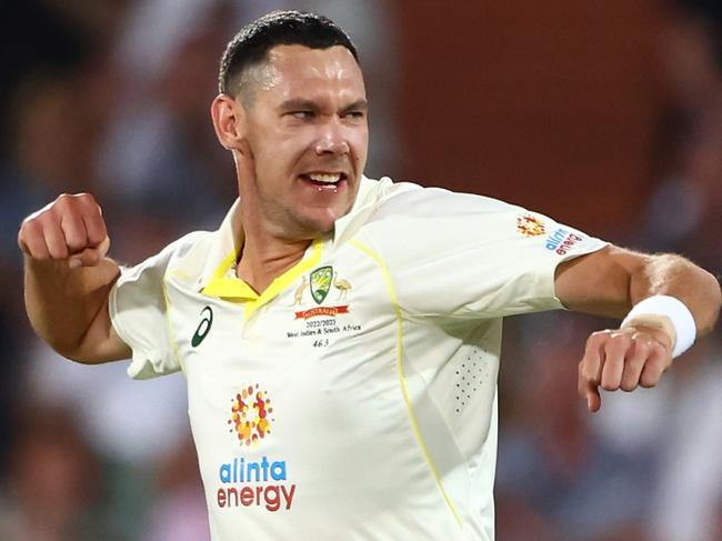 ADELAIDE, AUSTRALIA - DECEMBER 10: Scott Boland of Australia celebrates the wicket of Shamarh Brooks of West Indies during day three of the Second Test Match in the series between Australia and the West Indies at Adelaide Oval on December 10, 2022 in Adelaide, Australia. (Photo by Chris Hyde/Getty Images)