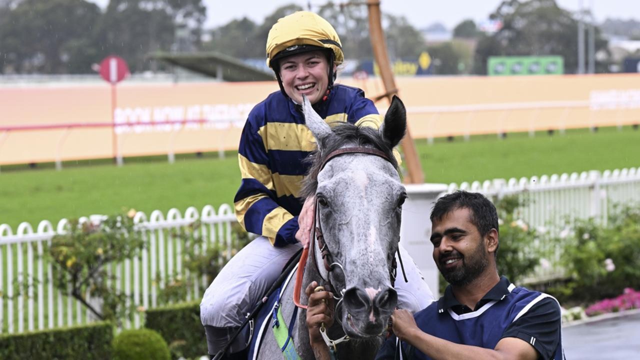 A jubilant Molly Bourke returns to scale after winning her first stakes race in Floating in the ATC Cup at Rosehill. Picture: Bradley Photos