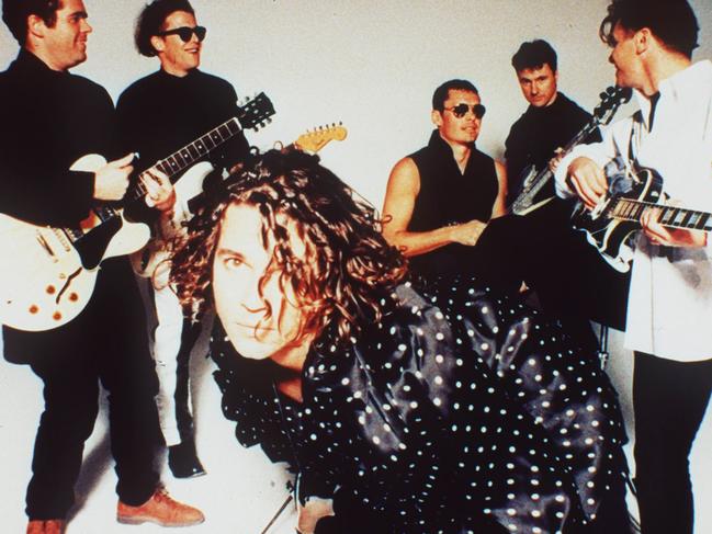 Publicity photo of Band INXS in 1994, lead singer Michael Hutchence (front C)                  Hutchence/Singer P/                     INXS/Band