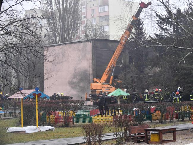 The site of a helicopter crash in Brovary, Ukraine. Picture: AFP