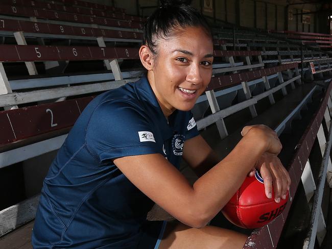 Carlton AFLW star Darcy Vescio relaxing before training. 8th March, Melbourne Australia .Picture : George Salpigtidis