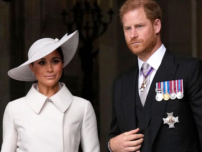 Britain's Prince Harry, Duke of Sussex, and Meghan, Duchess of Sussex, at the end of the National Service of Thanksgiving for The Queen's reign at Saint Paul's Cathedral in London, as part of Queen Elizabeth II's platinum jubilee celebrations. Picture: Matt Dunham / AFP.