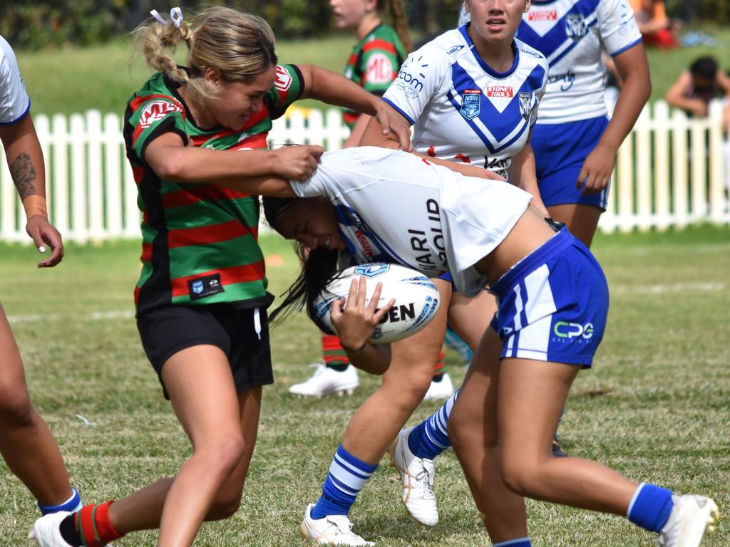 Olivia Vaalele is tackled by Ella Churchill. Picture: Sean Teuma. Lisa Fiaola Cup
