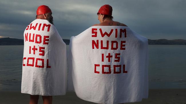 Rob Butler and Kathleen Moore of Hobart. Dark Mofo 2023 Nude Solstice Swim at Long Beach Sandy Bay. Picture: Nikki Davis-Jones