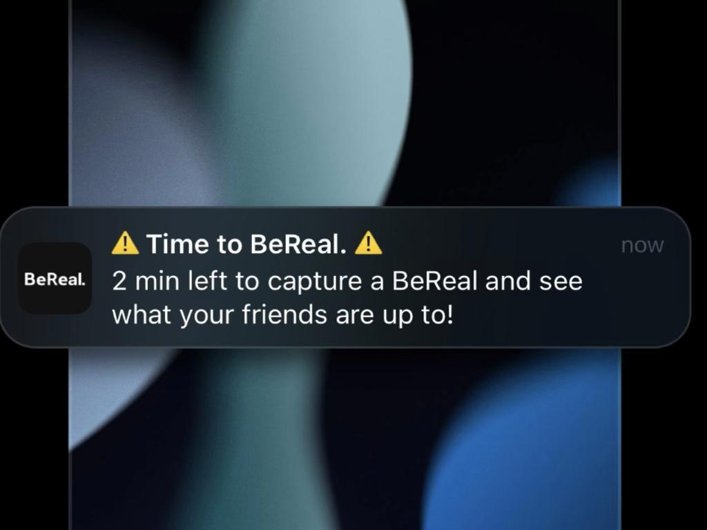 BeReal alerts you take a snapshot with your front and back camera in the next two minutes. Picture: BeReal