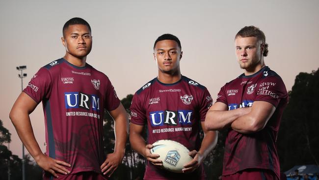 Samuela Fainu, Latu Fainu and Josh Feledy are Manly’s future. Picture: Richard Dobson