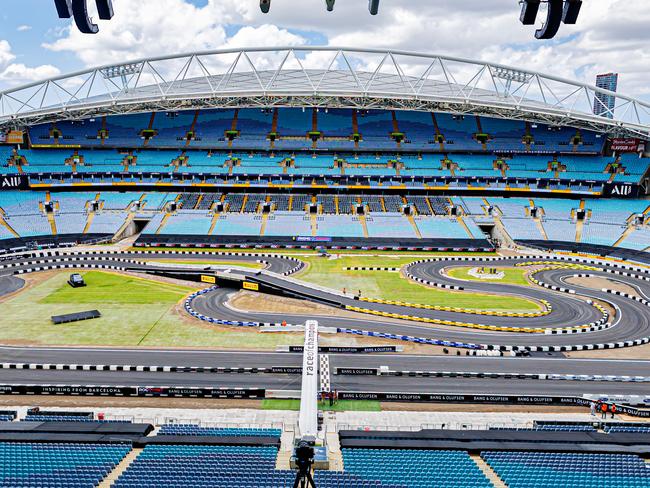 A car drives on the Accor Stadium track for the Race of Champions. Picture: Race of Champions