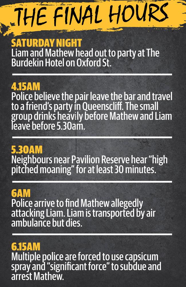 A timeline showing what Liam Anderson and mate Mathew Flame did on the fateful night.