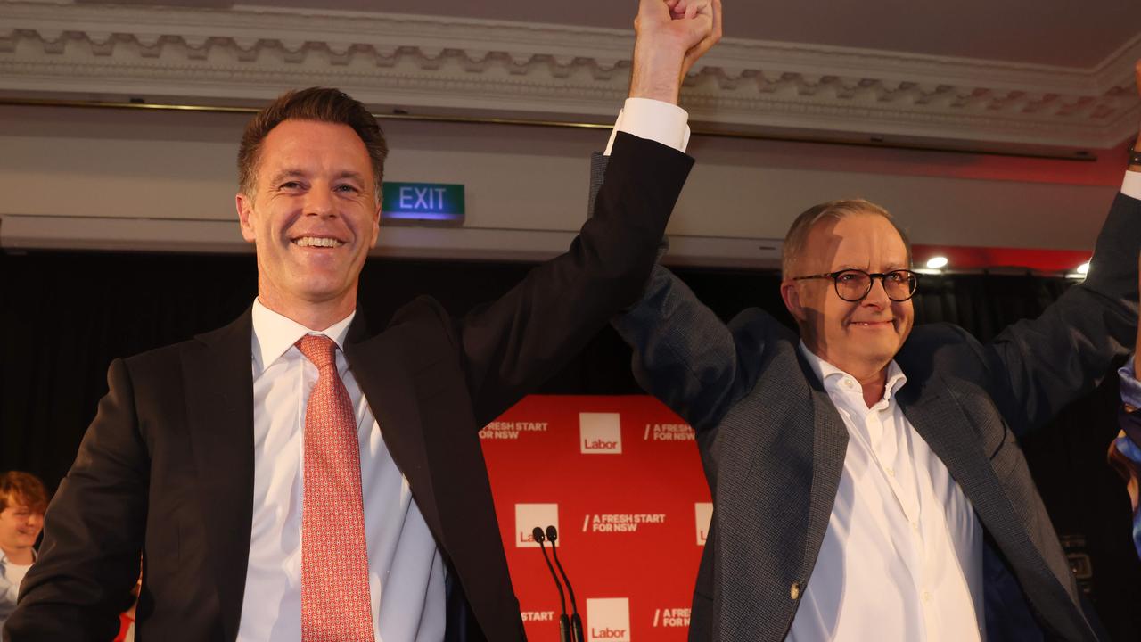 Anthony Albanese celebrated with Chris Minns following his election victory. Picture: NCA NewsWire / David Swift