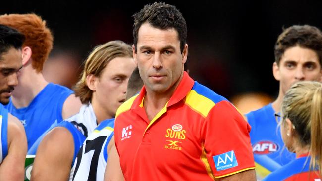 Interim Suns coach Dean Solomon at quarter time during the round 21 AFL match between the Brisbane Lions and the Gold Coast Suns played at the Gabba in Brisbane, Saturday, August 12, 2017. (AAP Image/Darren England) NO ARCHIVING, EDITORIAL USE ONLY