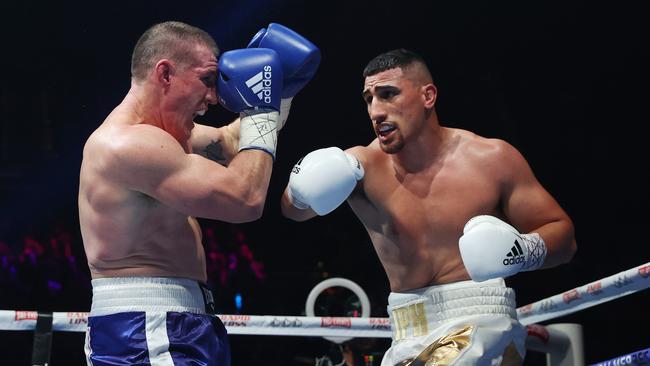 Paul Gallen and Justis Huni in action. Picture: Richard Dobson