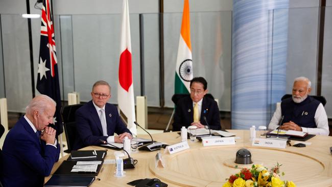 President Joe Biden, Prime Minister Anthony Albanese, Prime Minister Fumio Kishida and Prime Minister Narendra Modi hold their Quad meeting on the sidelines of the G7 Leaders' Summit in Hiroshima on Saturday. Picture: Jonathan Ernst / Pool / AFP