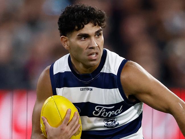 MELBOURNE, AUSTRALIA - APRIL 27: Tyson Stengle of the Cats in action during the 2024 AFL Round 07 match between the Geelong Cats and the Carlton Blues at the Melbourne Cricket Ground on April 27, 2024 in Melbourne, Australia. (Photo by Michael Willson/AFL Photos via Getty Images)