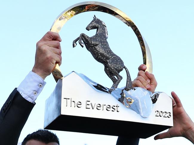 SYDNEY, AUSTRALIA - OCTOBER 14: Sam Clipperton riding Think About It  wins Race 7 The TAB Everest during Sydney Racing - TAB Everest Day at Royal Randwick Racecourse on October 14, 2023 in Sydney, Australia. (Photo by Jeremy Ng/Getty Images)