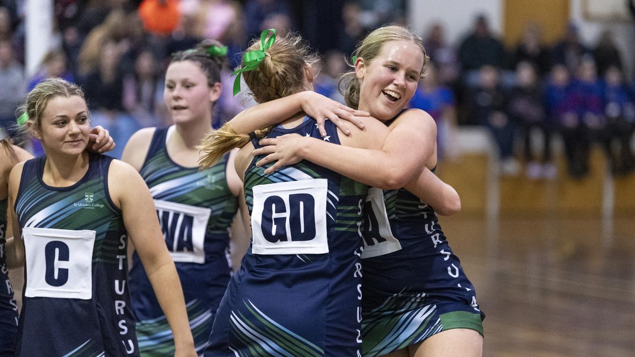 St Ursula's Senior B team celebrate defeating Downlands Second VII in Merici-Chevalier Cup netball at Salo Centre, Friday, July 19, 2024. Picture: Kevin Farmer