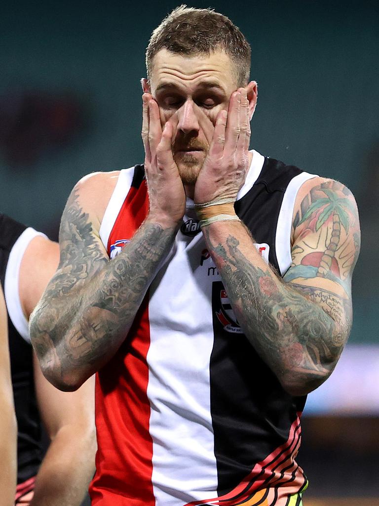 Dejected St Kilda's Tim Membrey leaves the field after another brutal loss. Picture: Phil Hillyard
