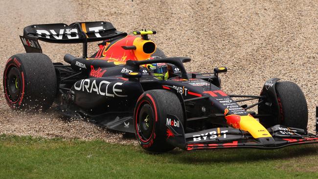 Red Bull Racing's Sergio Perez recovers after going off the track again. Picture: AFP