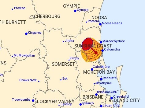 A map showing the path of the storms at 10.05pm. Picture: Bureau Of Meteorology