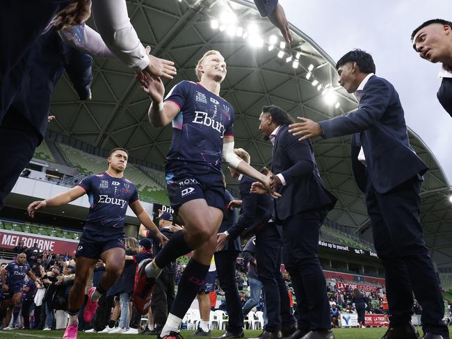 MELBOURNE, AUSTRALIA - FEBRUARY 23: The Rebels run out during the round one Super Rugby Pacific match between Melbourne Rebels and ACT Brumbies at AAMI Park, on February 23, 2024, in Melbourne, Australia. (Photo by Daniel Pockett/Getty Images)