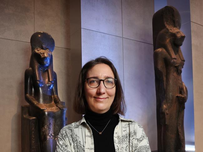 NGV International exhibition Pharaoh opens on June 14.  British Museum curator Dr Marie Vandenbeusch with statues of ancient Egyptian goddess Sekhmet.    Picture: David Caird