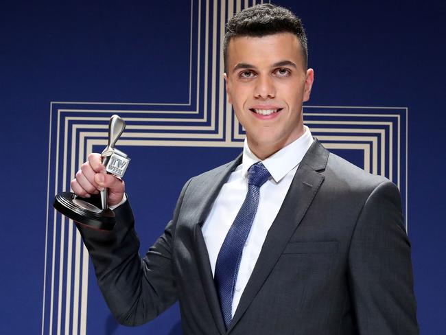 Elias Anton poses with the Graham Kennedy Award for Most Outstanding Newcomer for ‘Barracuda’ during the 59th Annual Logie Awards at Crown Palladium on April 23, 2017 in Melbourne, Australia. Picture: Scott Barbour/Getty Images