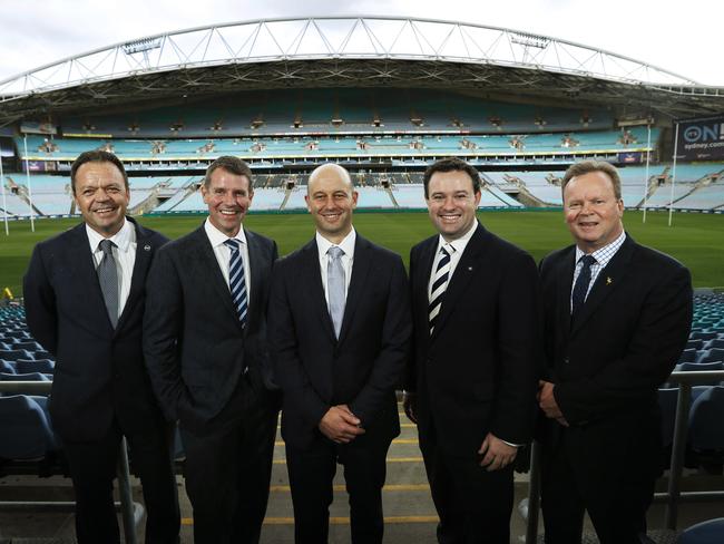 Premier Mike Baird with FFA Head of Corporate Affairs Kyle Patterson, NRL CEO Todd Greenberg, NSW Sports Minister Stuart Ayres and ARU CEO Bill Pulver at the announcement today Picture: Phil Hillyard