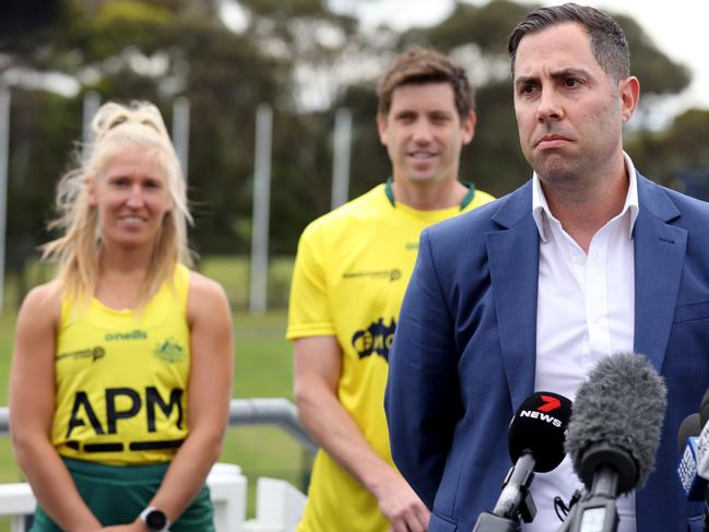 ADELAIDE, AUSTRALIA - NewsWire Photos October 3 2022: Adelaide will host 10 Australia vs India International hockey games. Sport Minister Hildyard, Leon Bignell MP, Hockey Australia CEO David Pryles and Hockey SA CEO Geoff Riddle with Intl players Eddie Ockenden and Hattie Shand  Picture: NCA NewsWire / Kelly Barnes