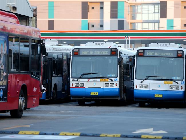 Buses sit still at Burwood station during a strike today. Pic: John Grainger