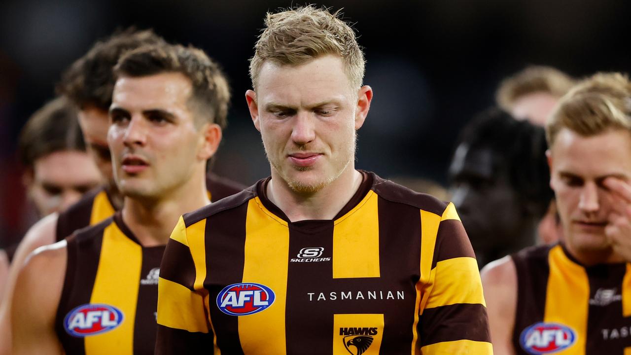 James Sicily of the Hawks looks dejected. Photo by Dylan Burns/AFL Photos via Getty Images.