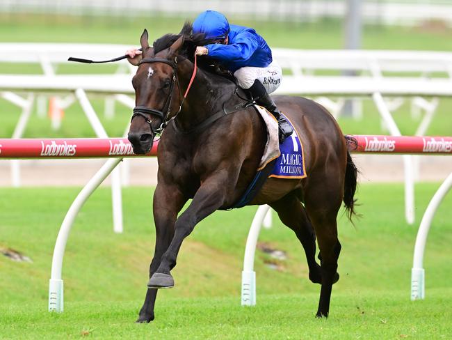 Tamerlane dashes clear to win The Buffering at Doomben under Melbourne jockey Blake Shinn. Picture: Grant Peters - Trackside Photography