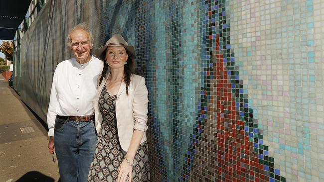 Actor Essie Davis and her father, George Davis, are relieved Mr Davis’s mural is protected on the Tasmanian Heritage Register. Picture: MATHEW FARRELL