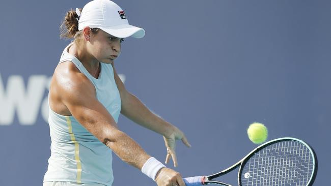 Australia’s Ash Barty plays a backhand against Ukrainian Elina Svitolinain Miami