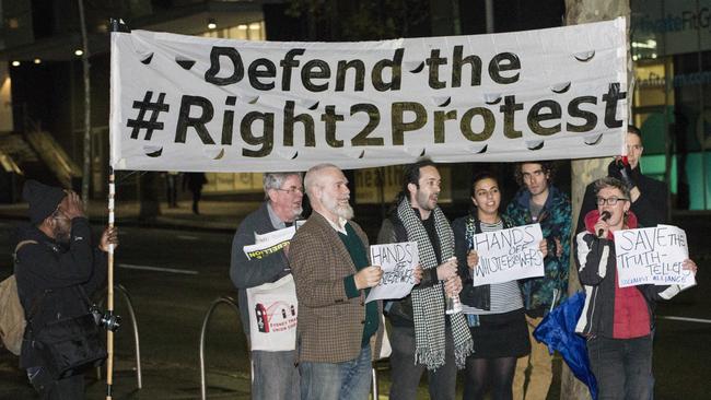 Protesters outside the ABC offices in Ultimo on Wednesday night. Picture: Damian Shaw